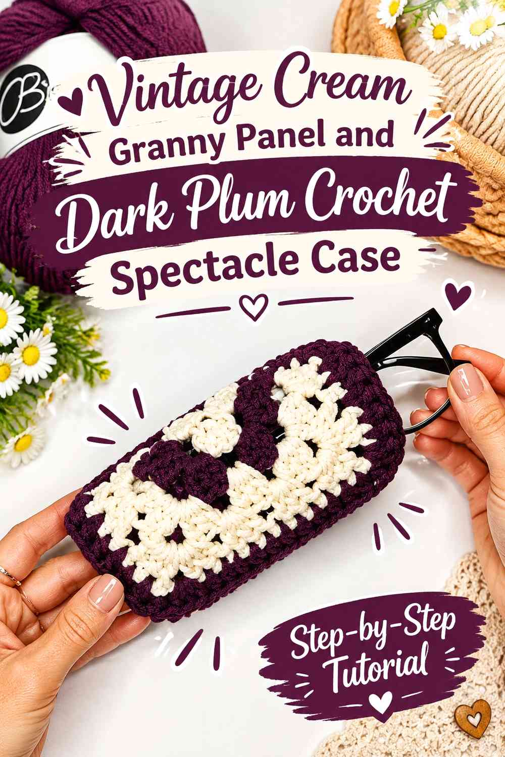 Vintage Cream Granny Panel and Dark Plum Crochet Spectacle Case
