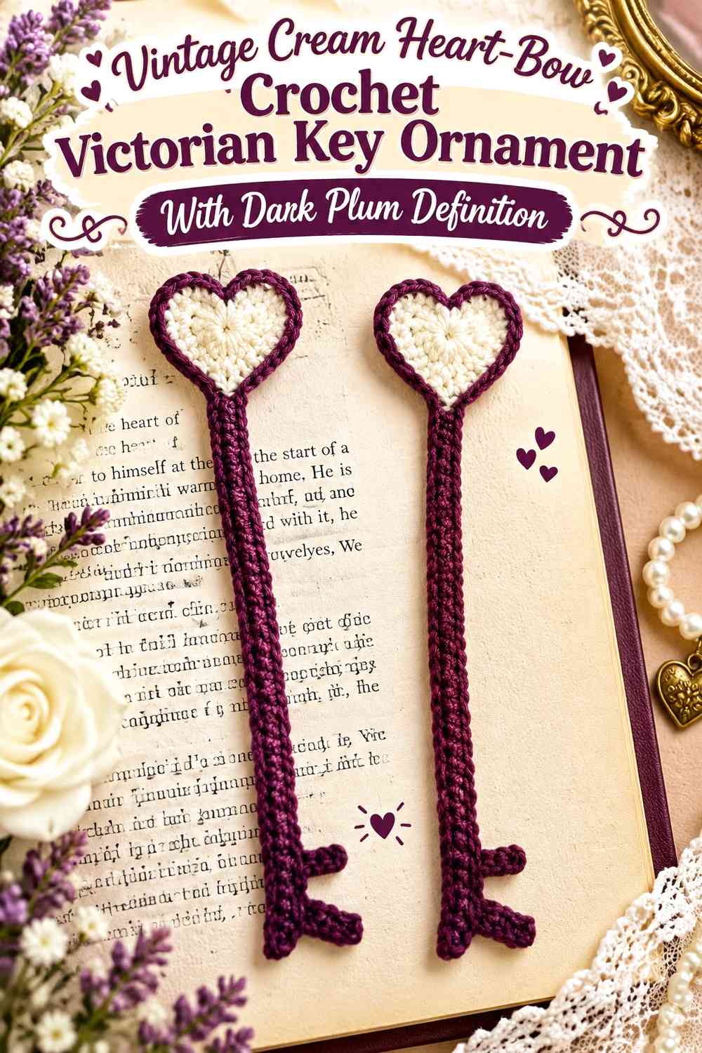 Vintage Cream Heart-Bow Crochet Victorian Key Ornament With Dark Plum Definition
