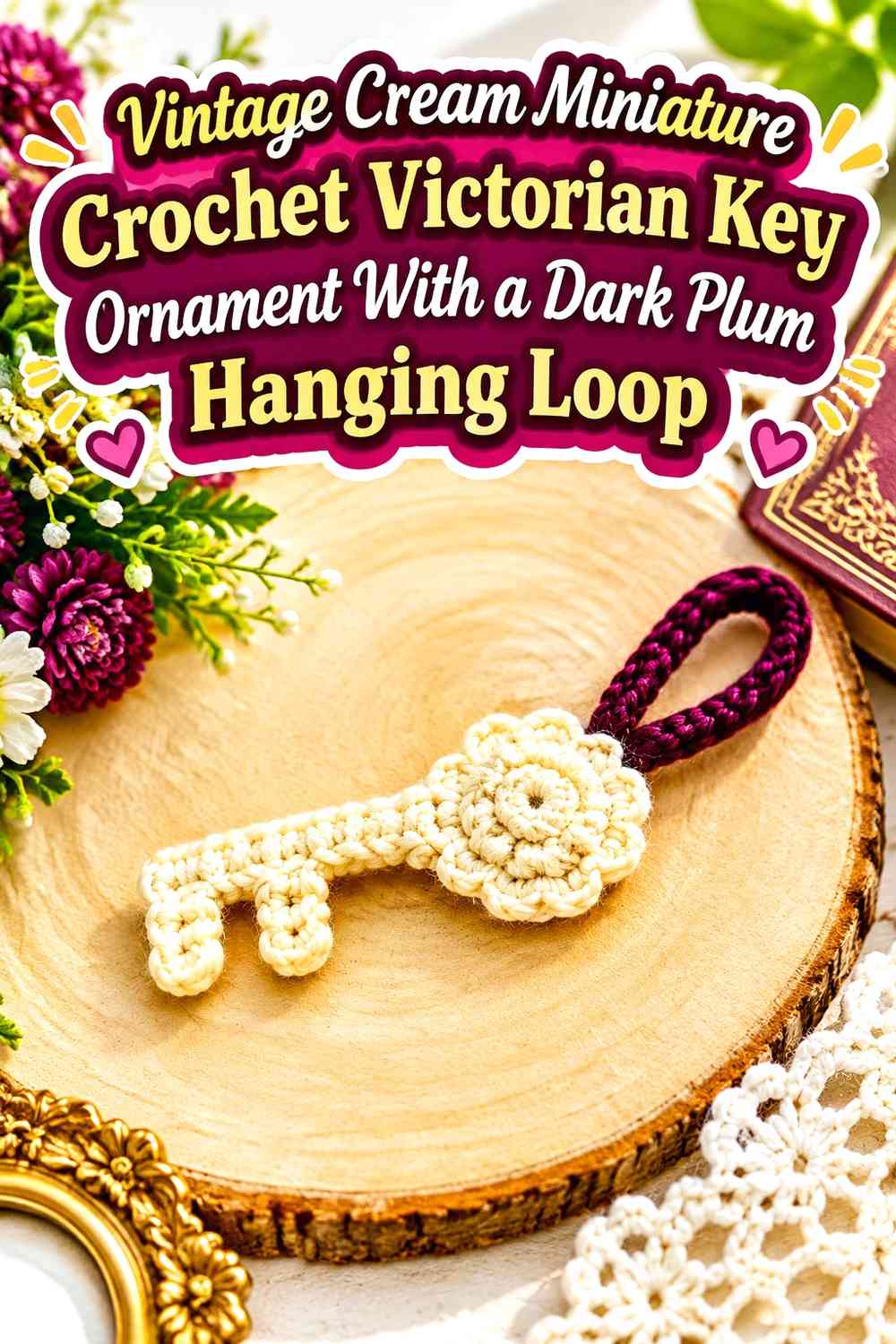 Vintage Cream Miniature Crochet Victorian Key Ornament With a Dark Plum Hanging Loop