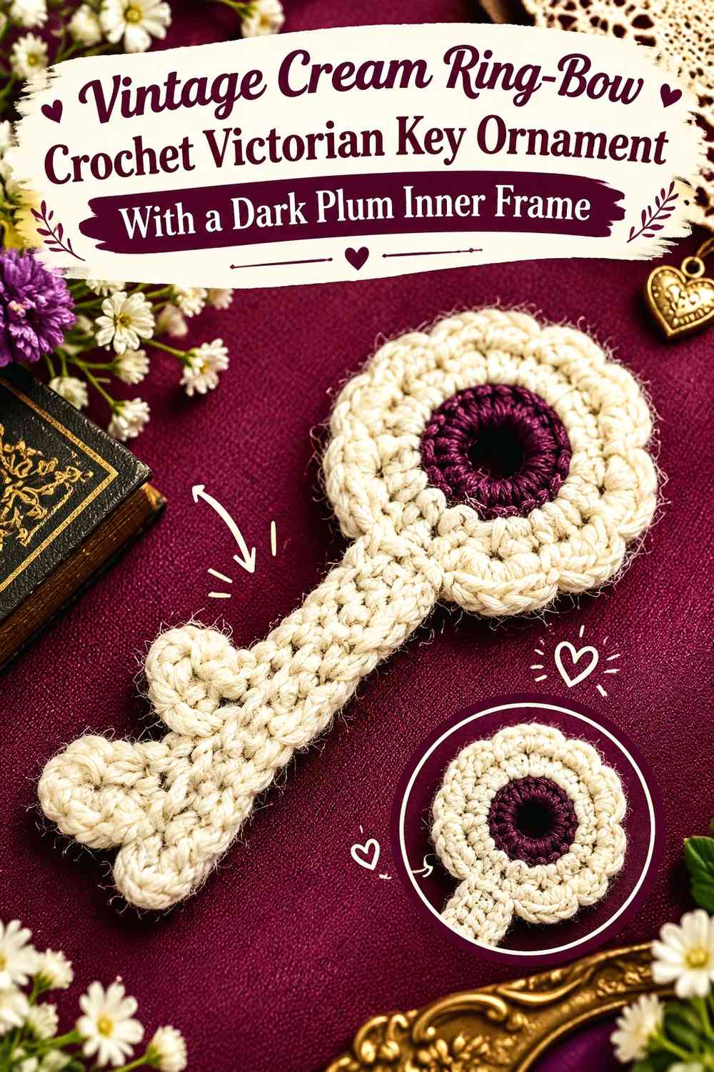 Vintage Cream Ring-Bow Crochet Victorian Key Ornament With a Dark Plum Inner Frame