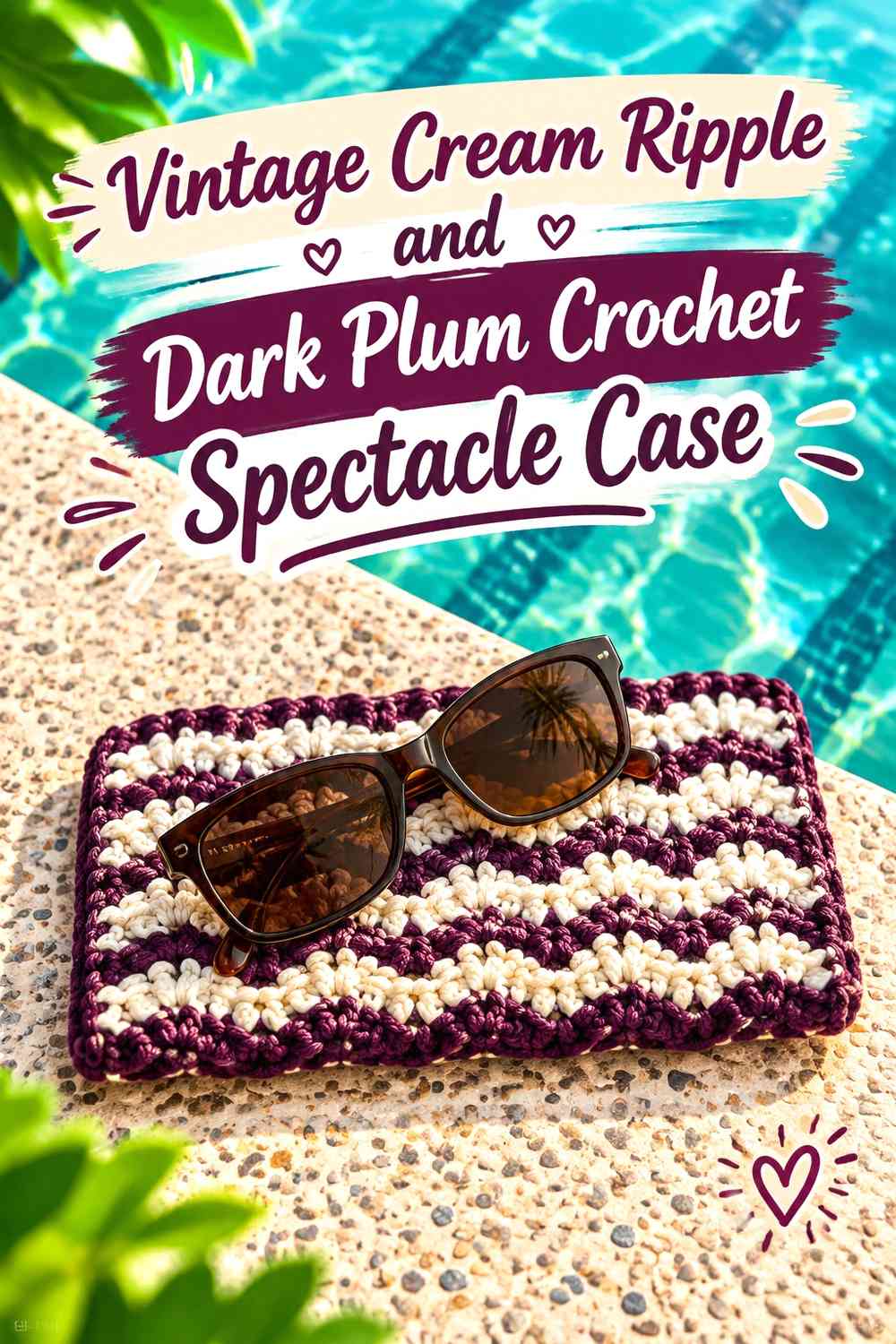 Vintage Cream Ripple and Dark Plum Crochet Spectacle Case