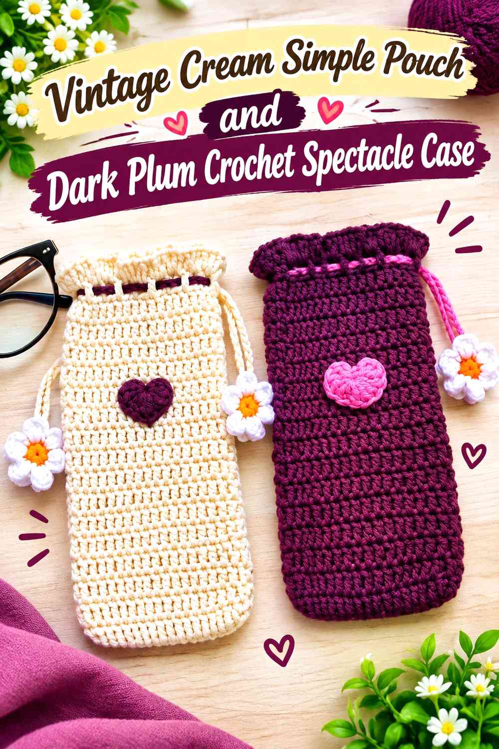 Vintage Cream Simple Pouch and Dark Plum Crochet Spectacle Case