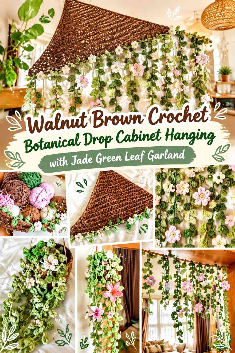 Walnut Brown Crochet Botanical Drop Cabinet Hanging with Jade Green Leaf Garland