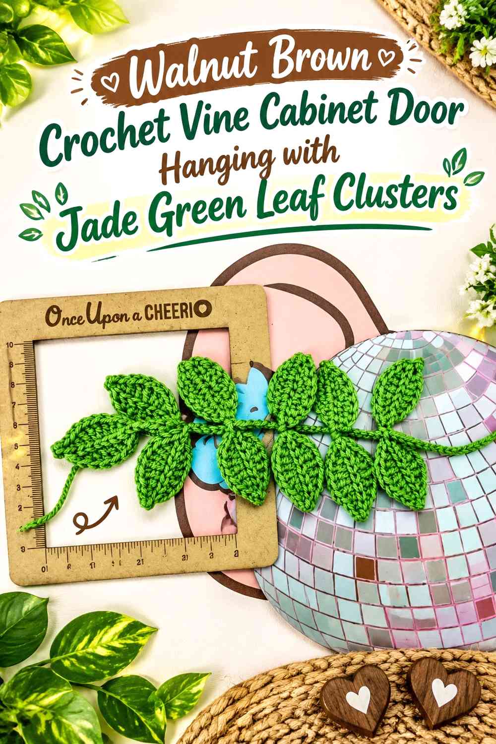 Walnut Brown Crochet Vine Cabinet Door Hanging with Jade Green Leaf Clusters