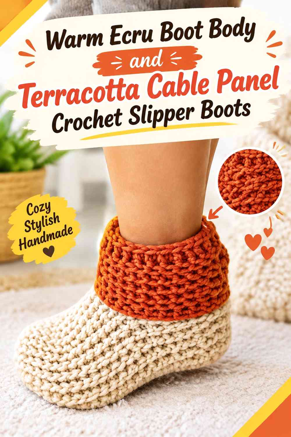 Warm Ecru Boot Body and Terracotta Cable Panel Crochet Slipper Boots