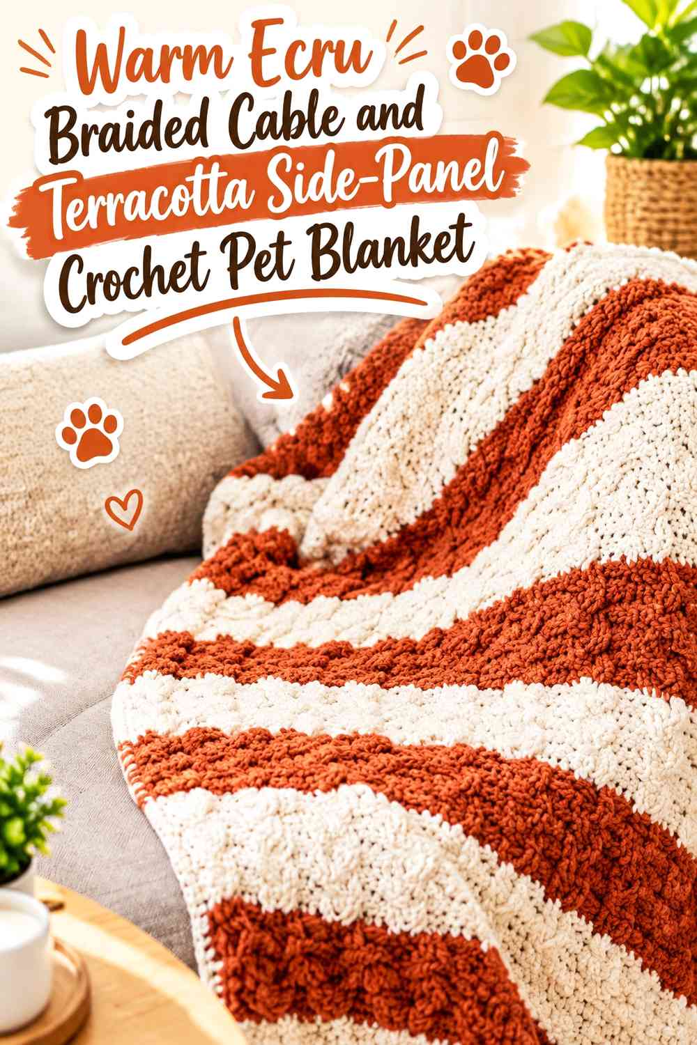 Warm Ecru Braided Cable and Terracotta Side-Panel Crochet Pet Blanket
