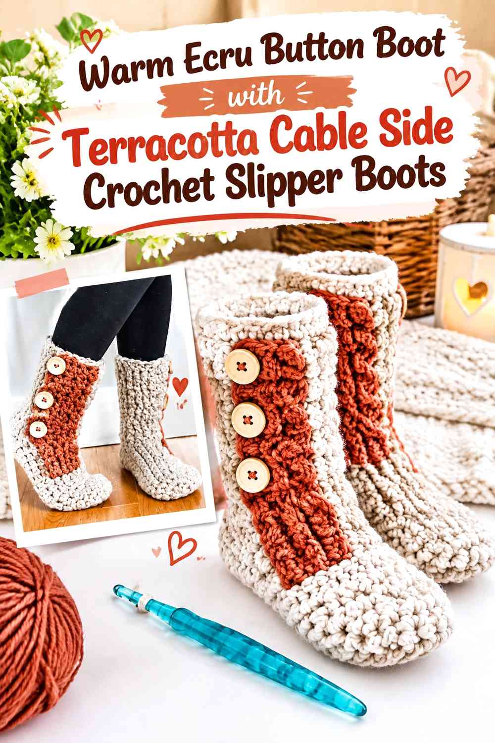 Warm Ecru Button Boot with Terracotta Cable Side Crochet Slipper Boots