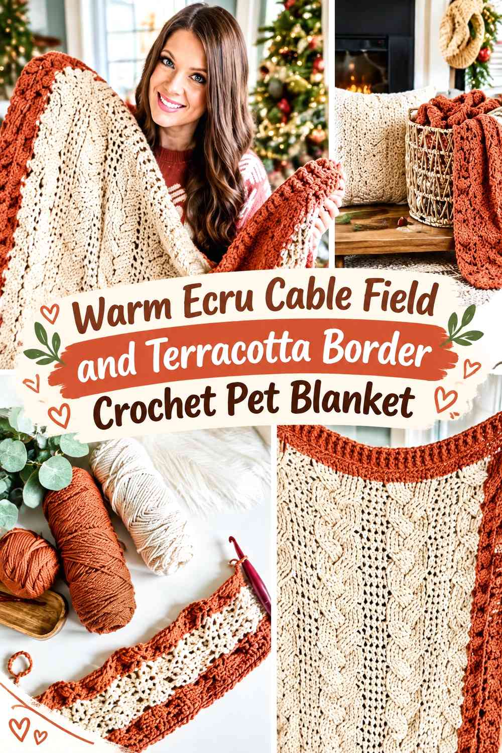 Warm Ecru Cable Field and Terracotta Border Crochet Pet Blanket