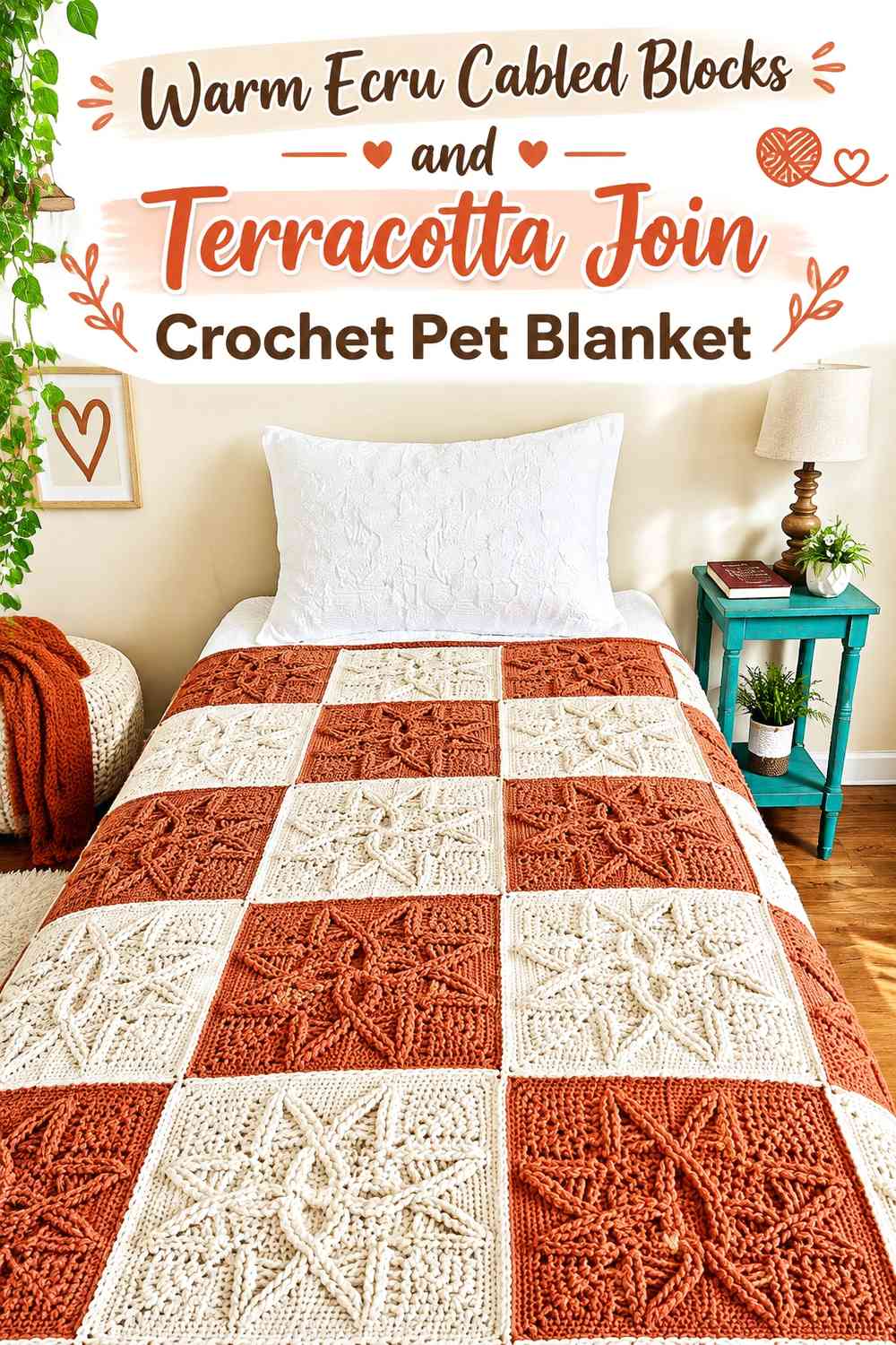 Warm Ecru Cabled Blocks and Terracotta Join Crochet Pet Blanket