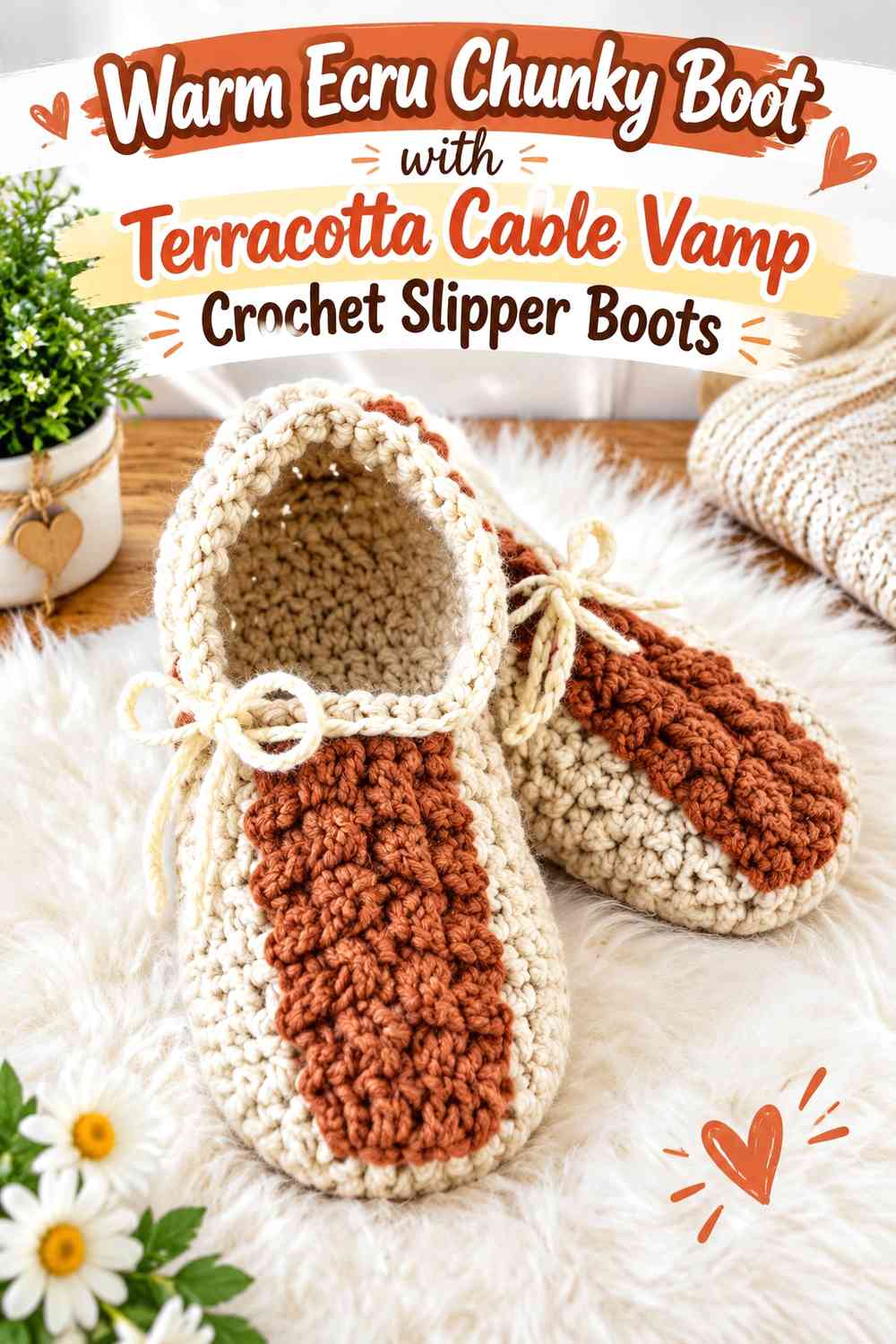 Warm Ecru Chunky Boot with Terracotta Cable Vamp Crochet Slipper Boots