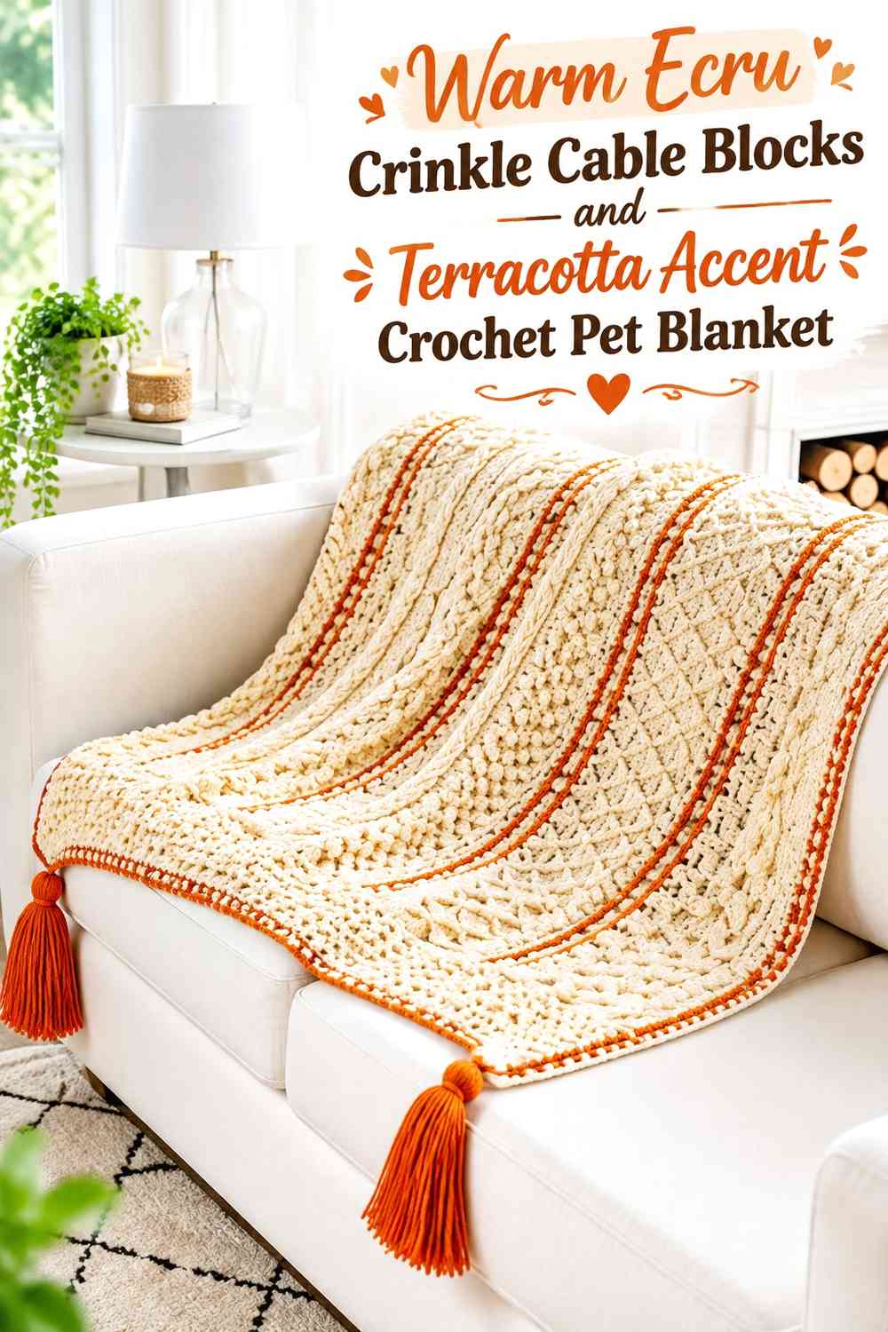 Warm Ecru Crinkle Cable Blocks and Terracotta Accent Crochet Pet Blanket