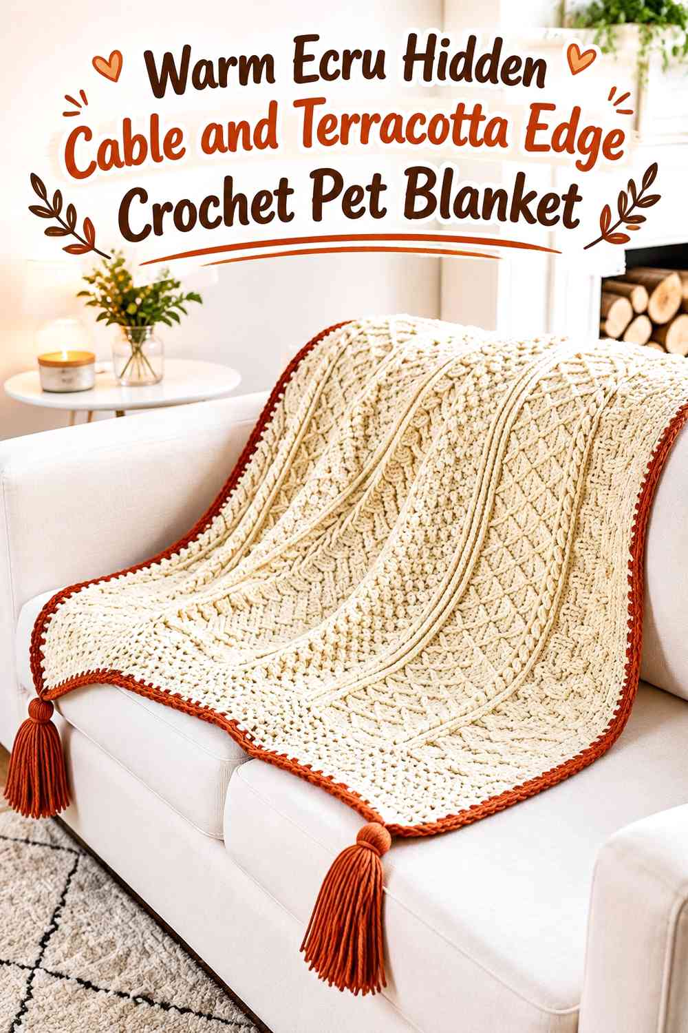 Warm Ecru Hidden Cable and Terracotta Edge Crochet Pet Blanket