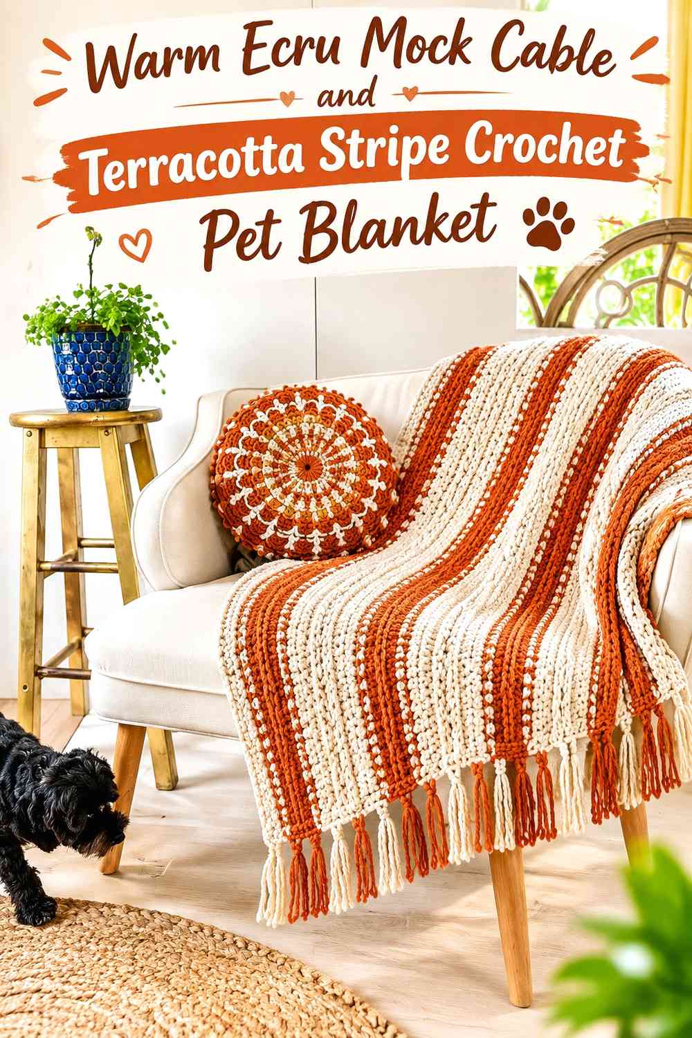 Warm Ecru Mock Cable and Terracotta Stripe Crochet Pet Blanket