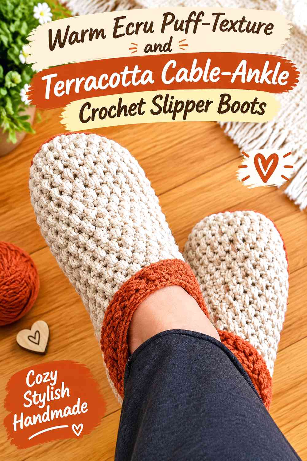 Warm Ecru Puff-Texture and Terracotta Cable-Ankle Crochet Slipper Boots