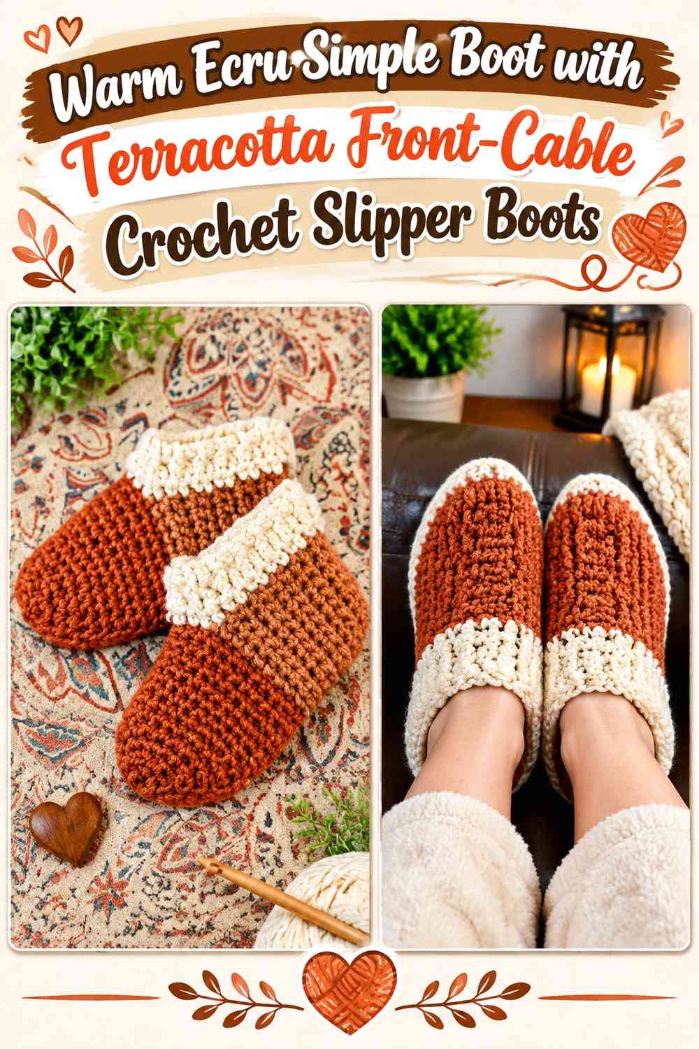 Warm Ecru Simple Boot with Terracotta Front-Cable Crochet Slipper Boots