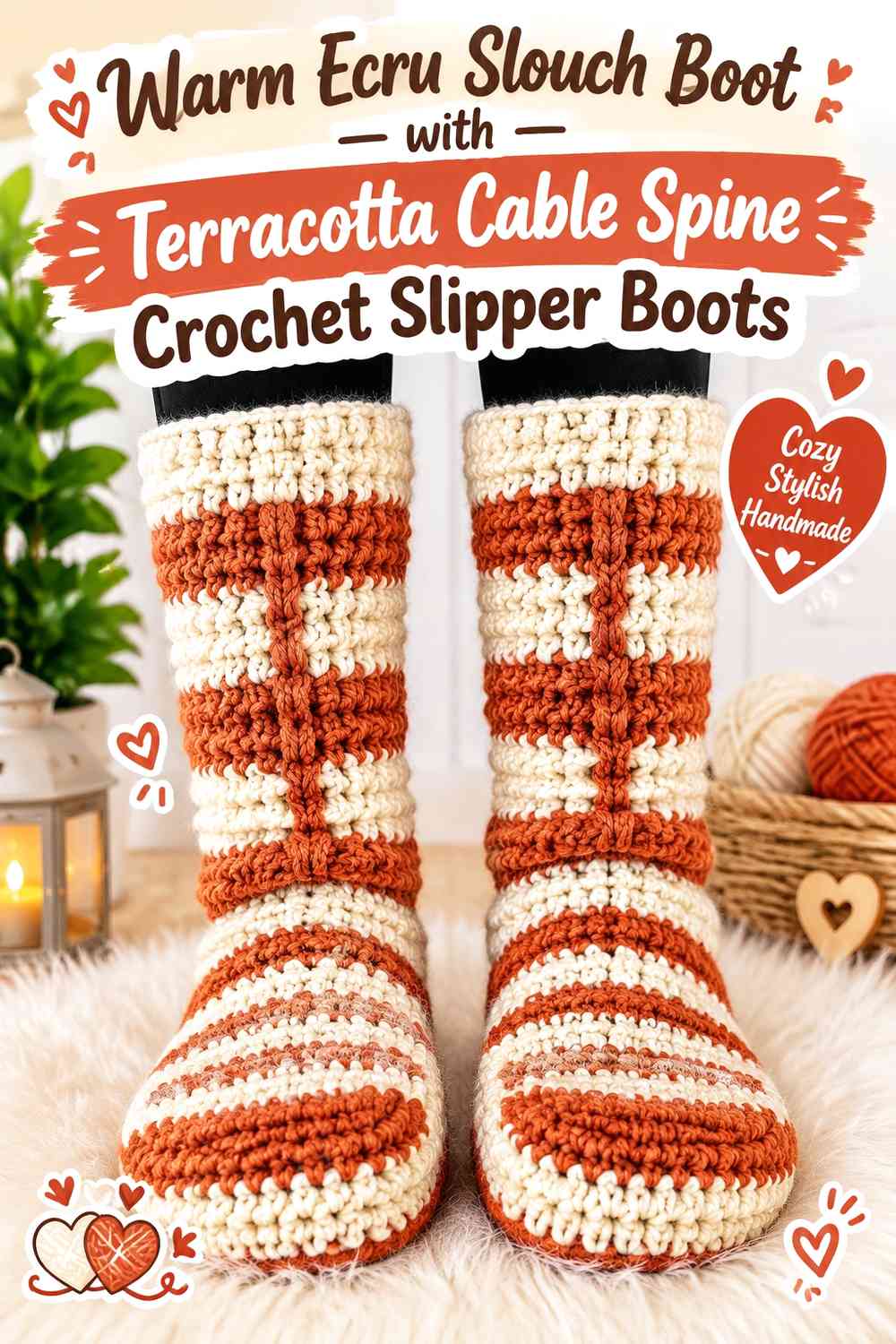 Warm Ecru Slouch Boot with Terracotta Cable Spine Crochet Slipper Boots