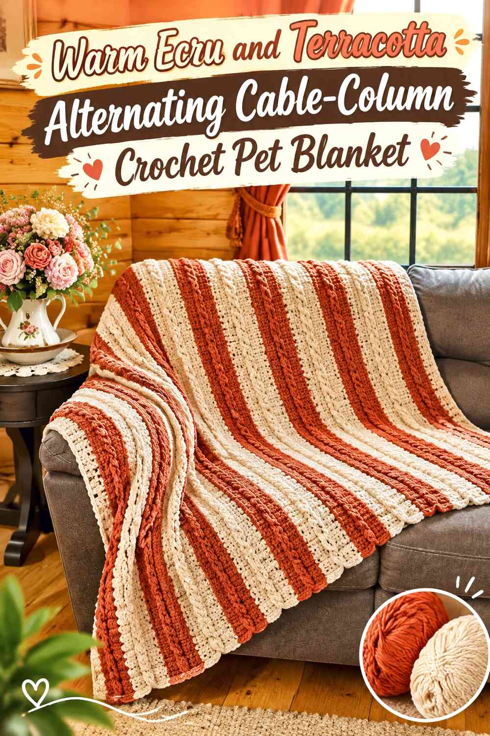 Warm Ecru and Terracotta Alternating Cable-Column Crochet Pet Blanket