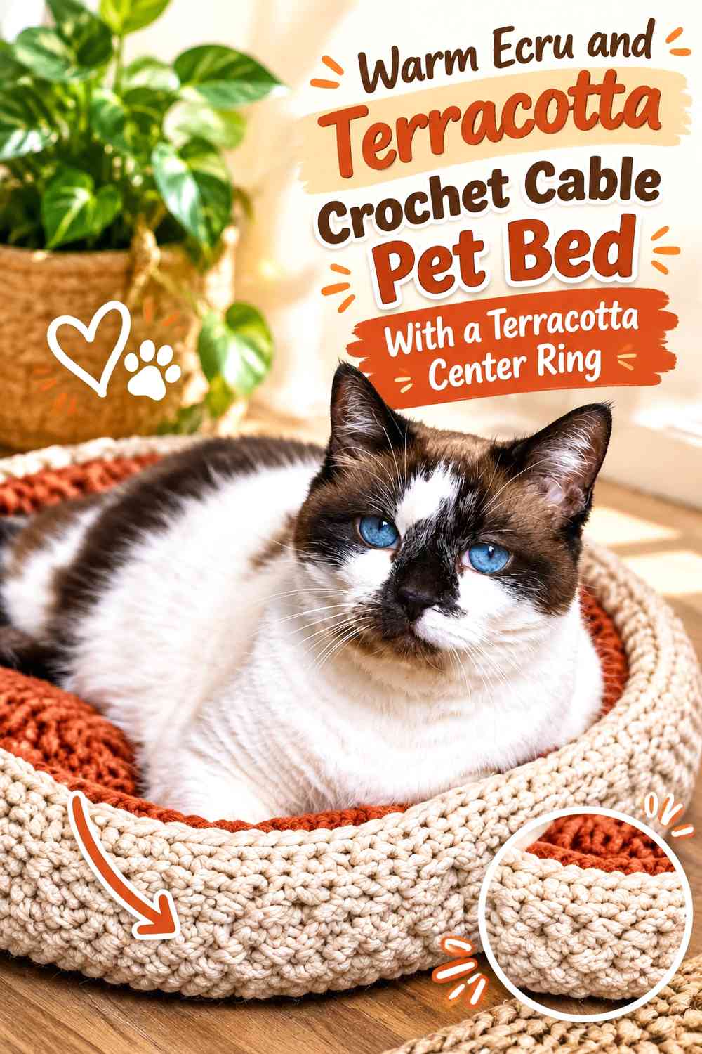 Warm Ecru and Terracotta Crochet Cable Pet Bed With a Terracotta Center Ring