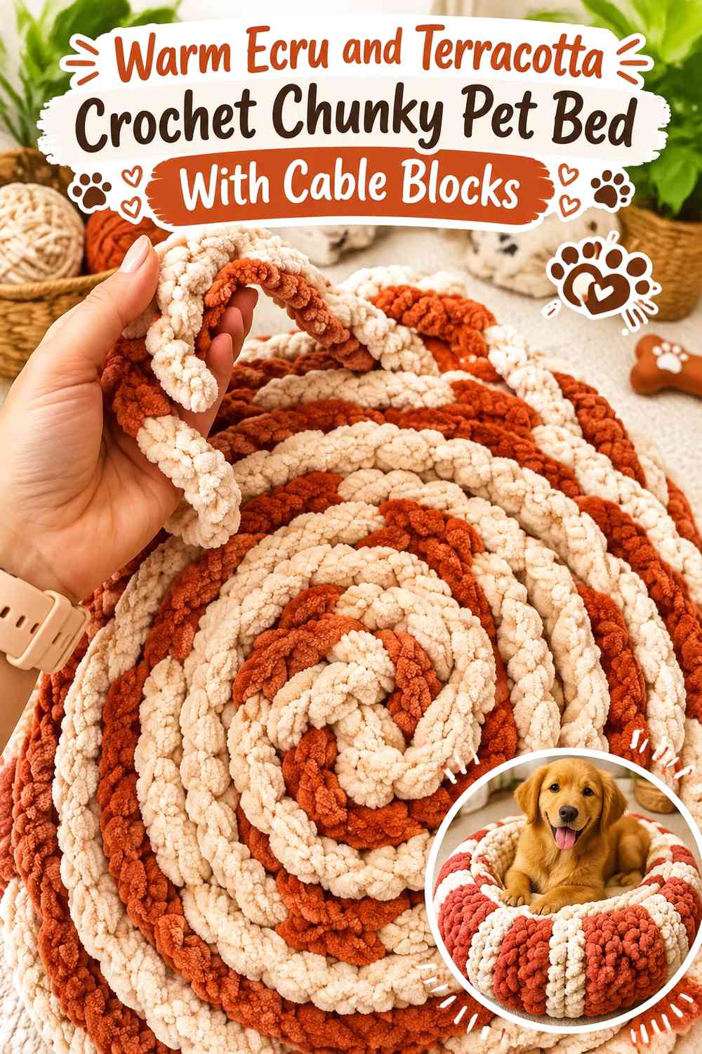 Warm Ecru and Terracotta Crochet Chunky Pet Bed With Cable Blocks