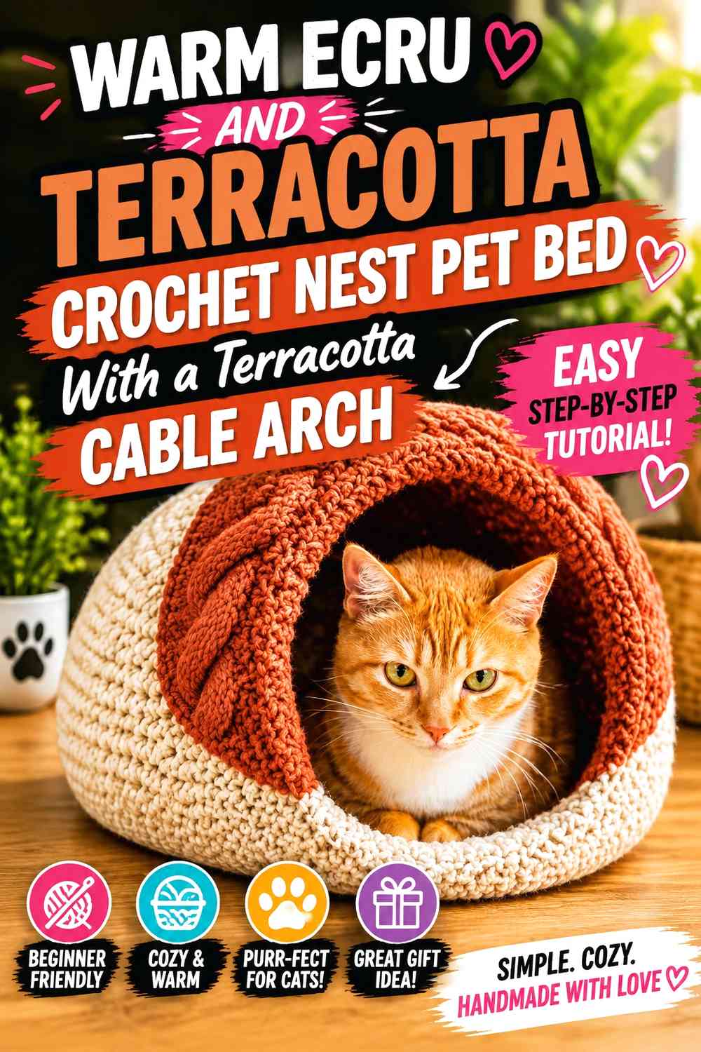 Warm Ecru and Terracotta Crochet Nest Pet Bed With a Terracotta Cable Arch