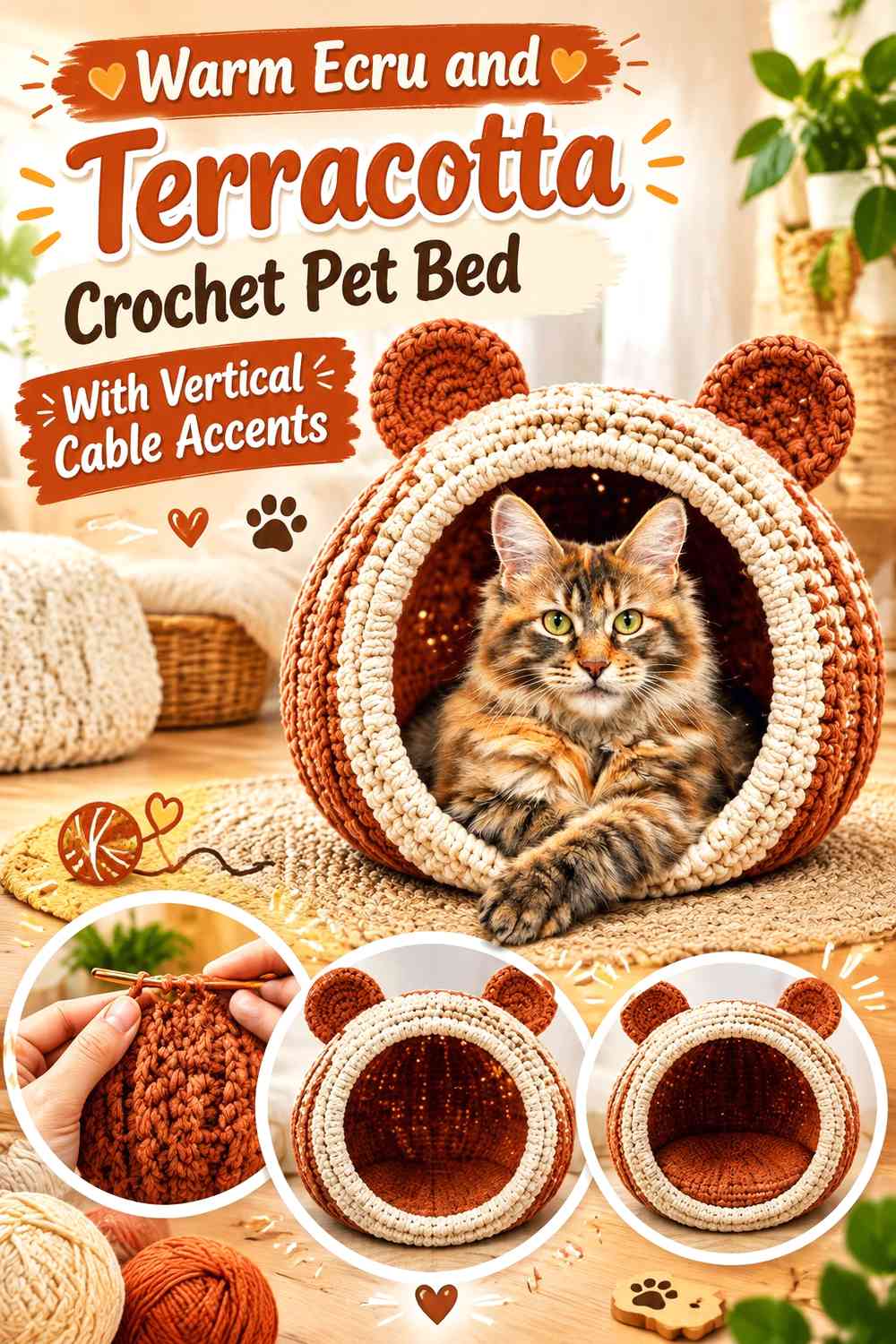 Warm Ecru and Terracotta Crochet Pet Bed With Vertical Cable Accents