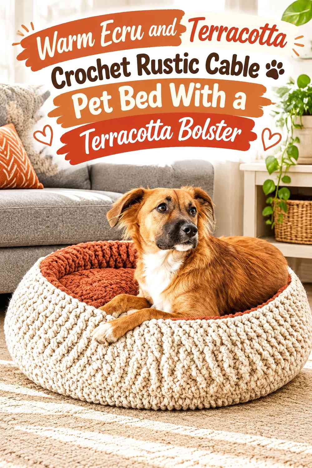 Warm Ecru and Terracotta Crochet Rustic Cable Pet Bed With a Terracotta Bolster