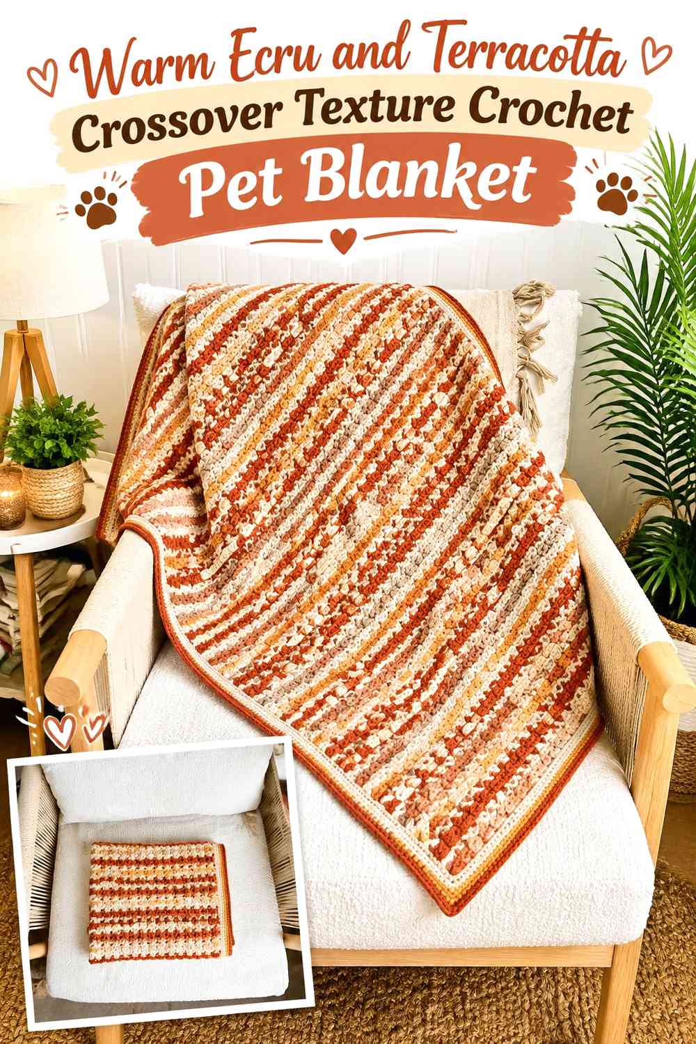 Warm Ecru and Terracotta Crossover Texture Crochet Pet Blanket