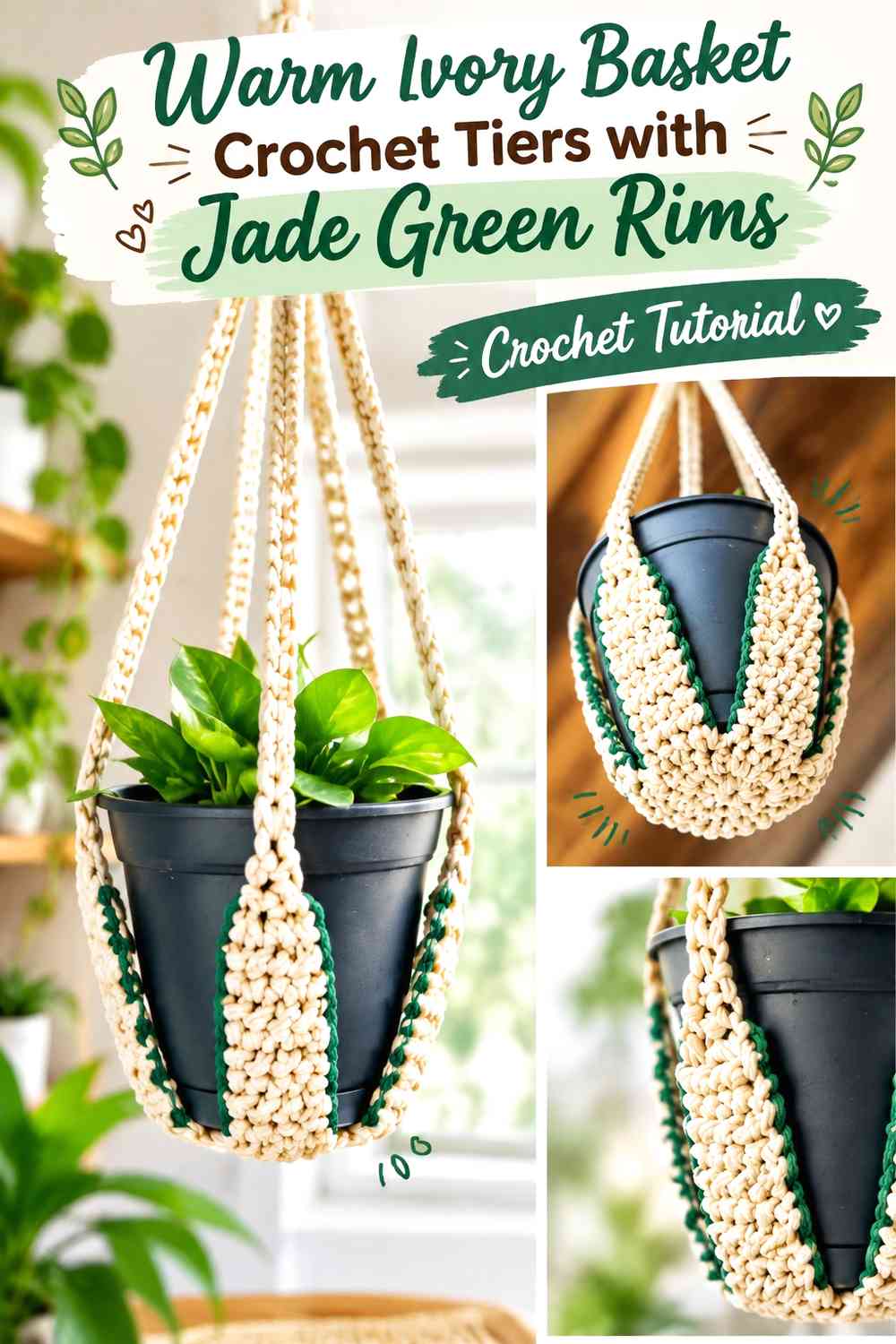 Warm Ivory Basket Crochet Tiers with Jade Green Rims