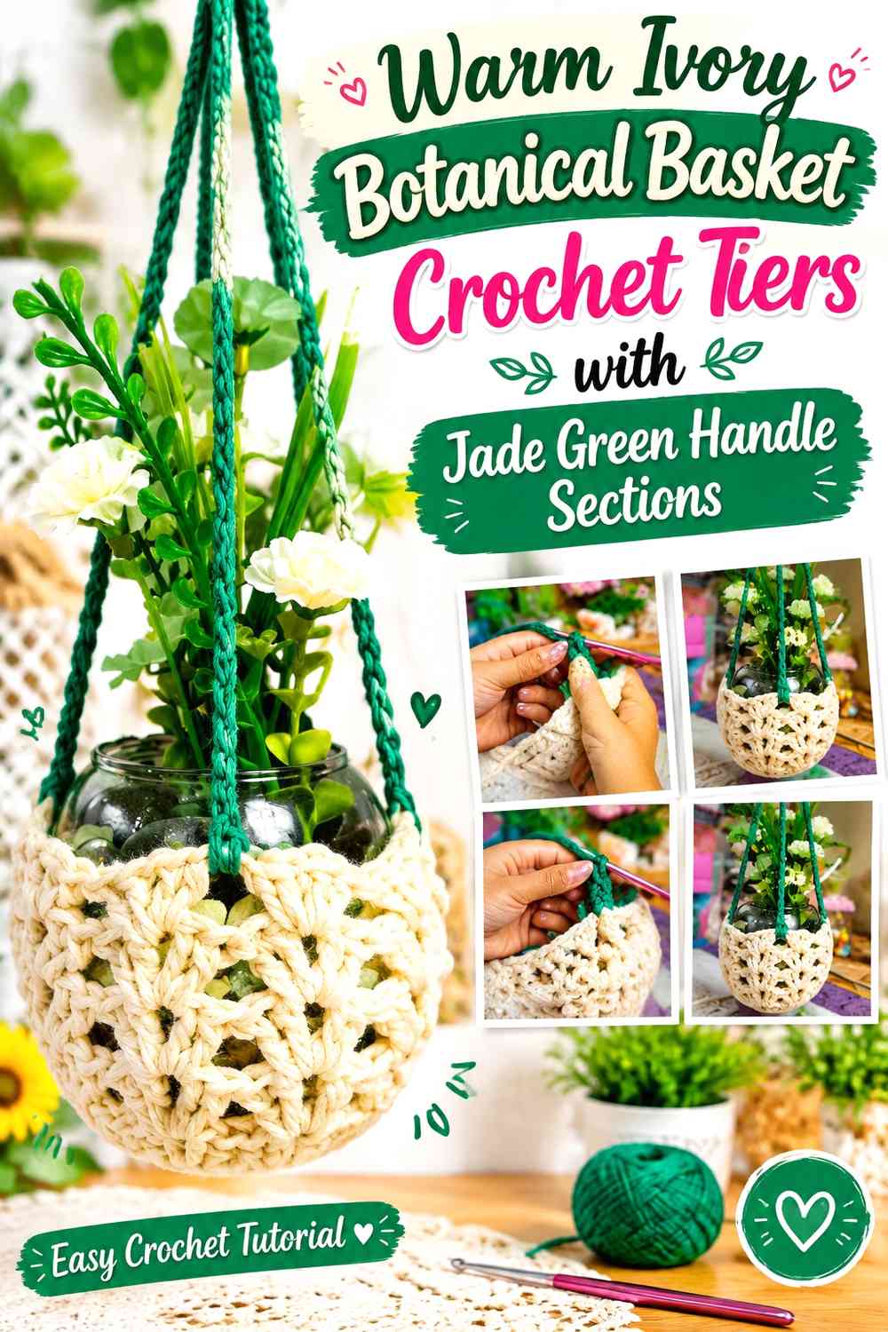 Warm Ivory Botanical Basket Crochet Tiers with Jade Green Handle Sections