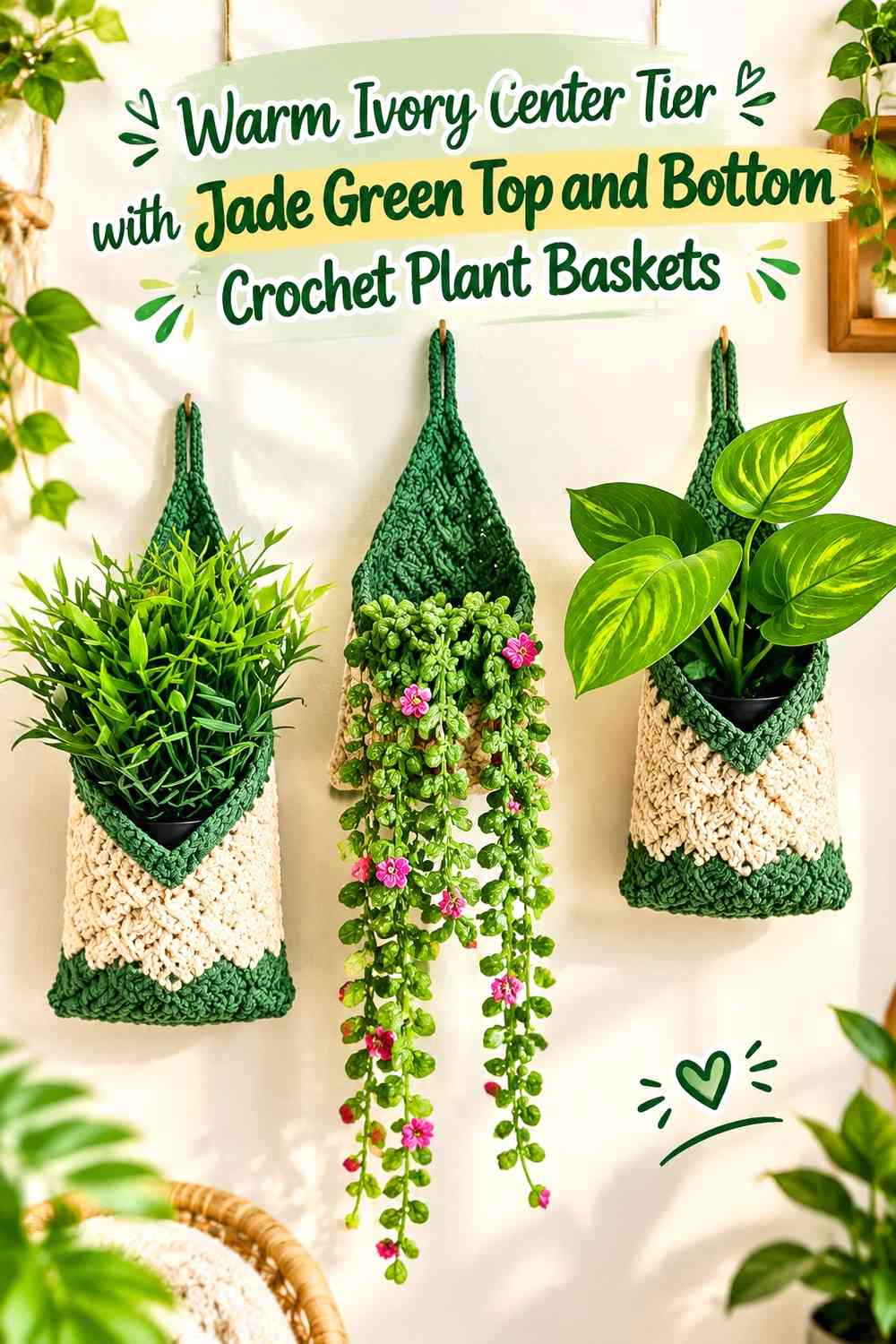 Warm Ivory Center Tier with Jade Green Top and Bottom Crochet Plant Baskets