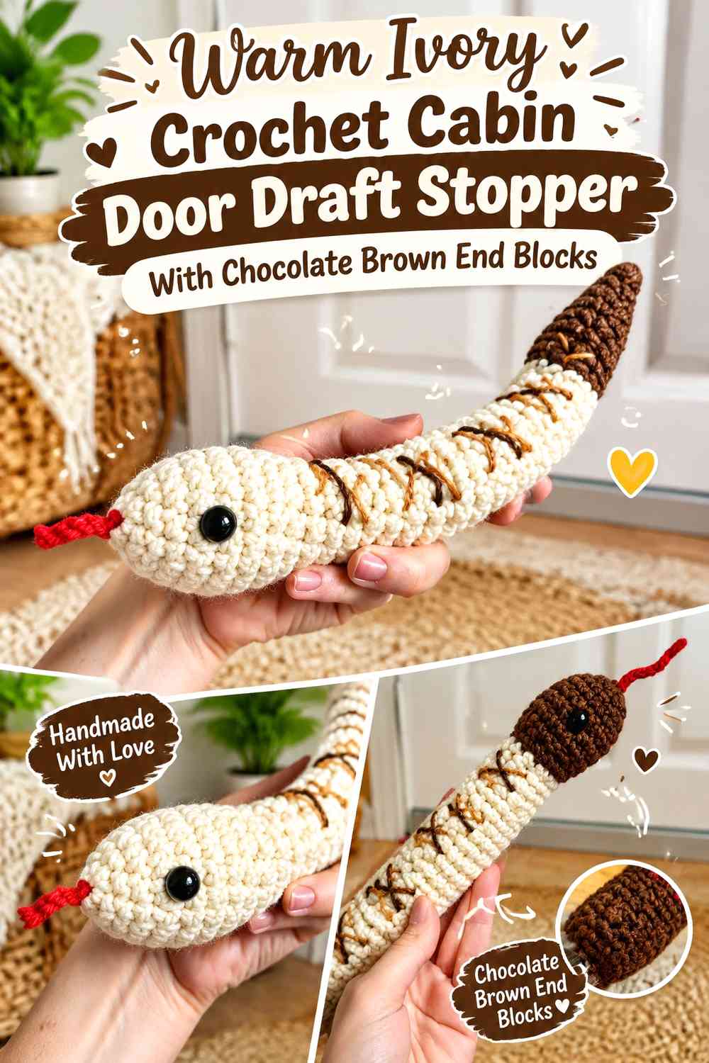 Warm Ivory Crochet Cabin Door Draft Stopper With Chocolate Brown End Blocks