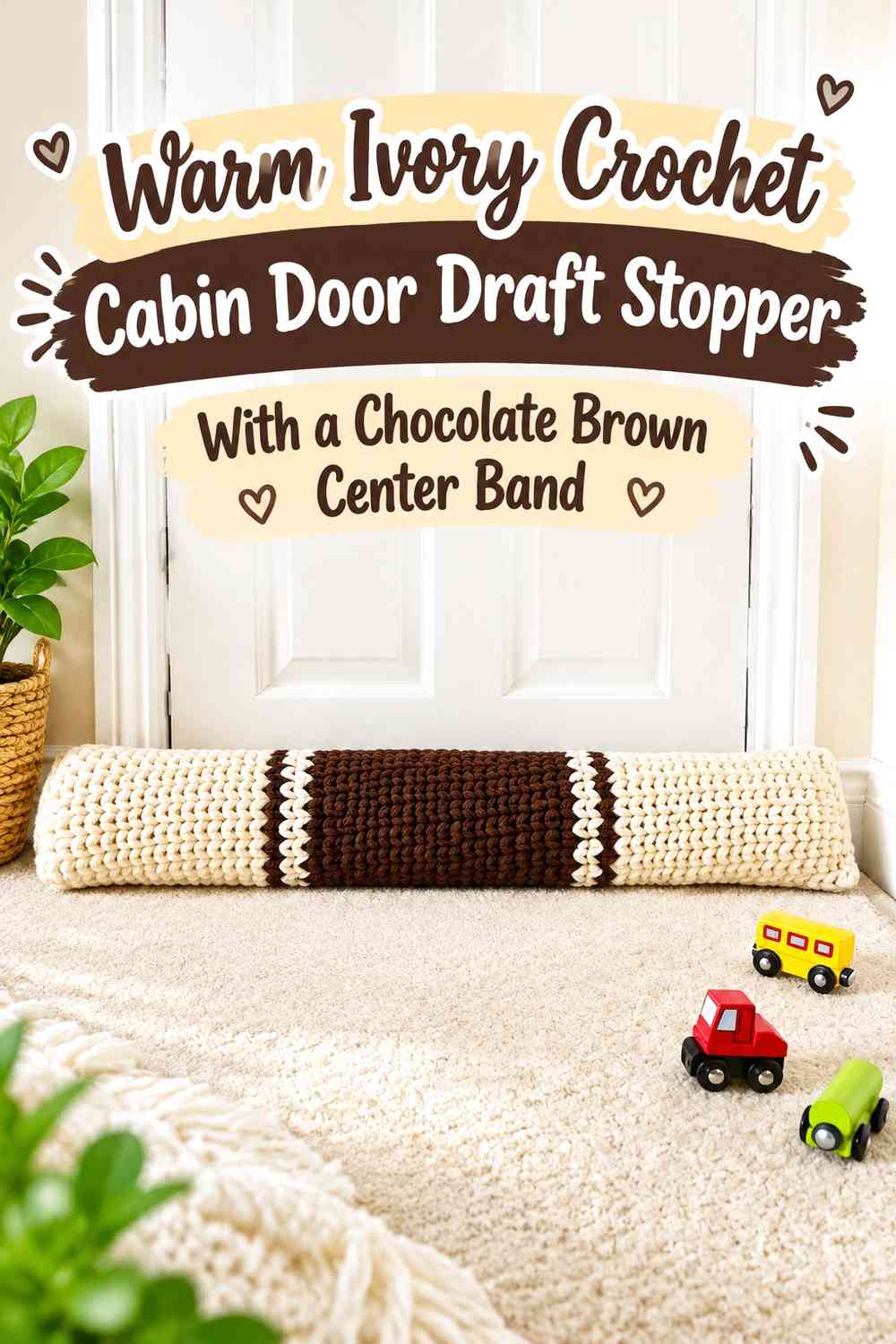 Warm Ivory Crochet Cabin Door Draft Stopper With a Chocolate Brown Center Band
