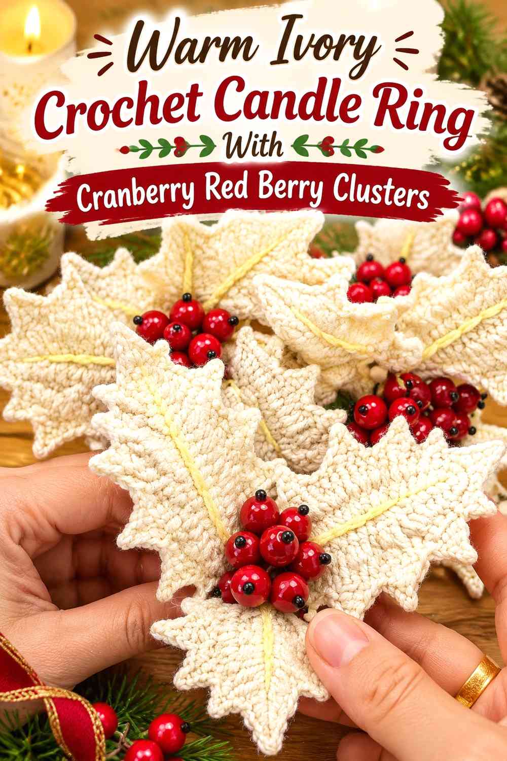 Warm Ivory Crochet Candle Ring With Cranberry Red Berry Clusters