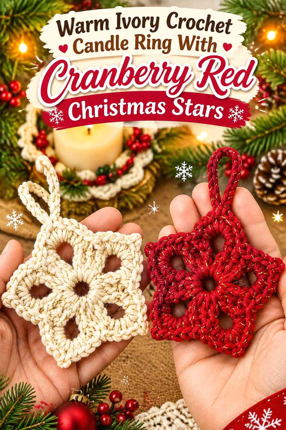 Warm Ivory Crochet Candle Ring With Cranberry Red Christmas Stars