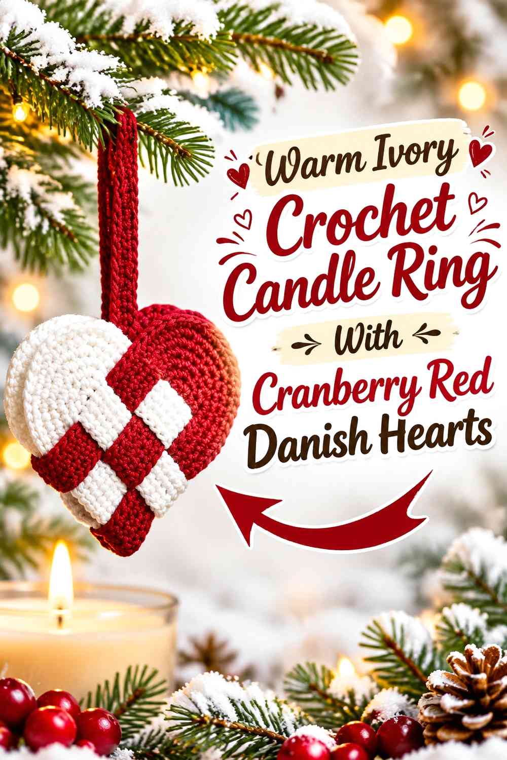 Warm Ivory Crochet Candle Ring With Cranberry Red Danish Hearts