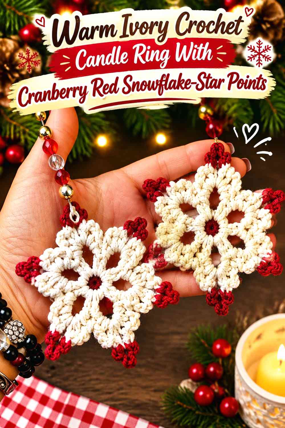 Warm Ivory Crochet Candle Ring With Cranberry Red Snowflake-Star Points