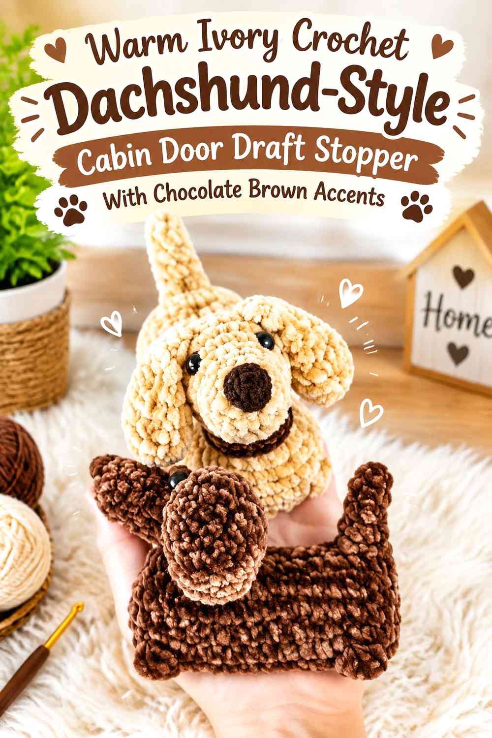 Warm Ivory Crochet Dachshund-Style Cabin Door Draft Stopper With Chocolate Brown Accents