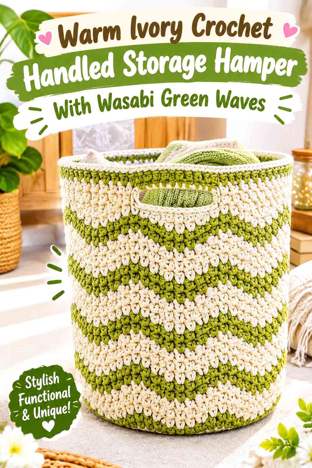 Warm Ivory Crochet Handled Storage Hamper With Wasabi Green Waves