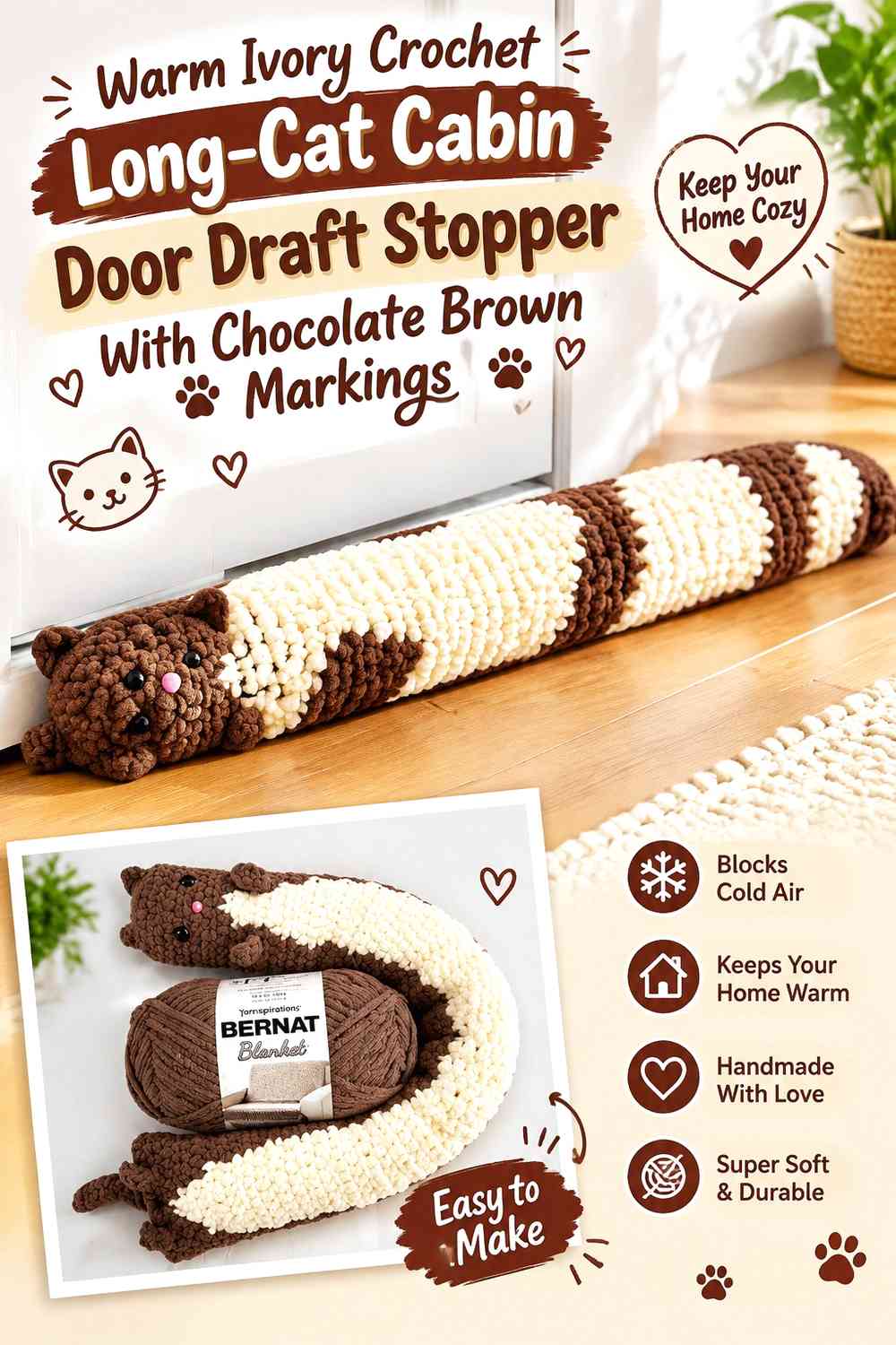 Warm Ivory Crochet Long-Cat Cabin Door Draft Stopper With Chocolate Brown Markings