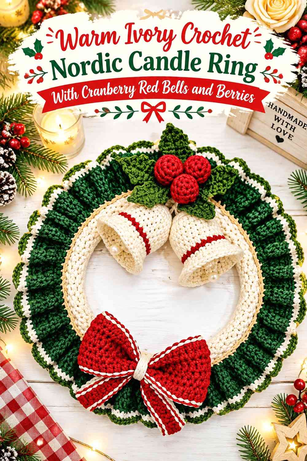 Warm Ivory Crochet Nordic Candle Ring With Cranberry Red Bells and Berries