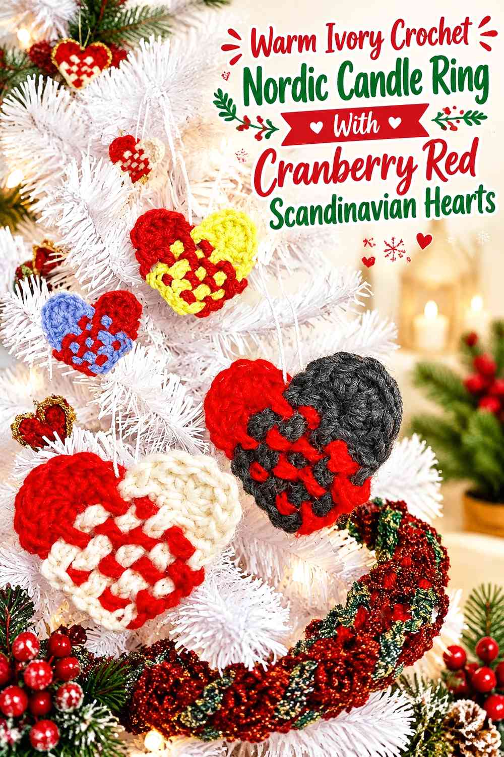 Warm Ivory Crochet Nordic Candle Ring With Cranberry Red Scandinavian Hearts