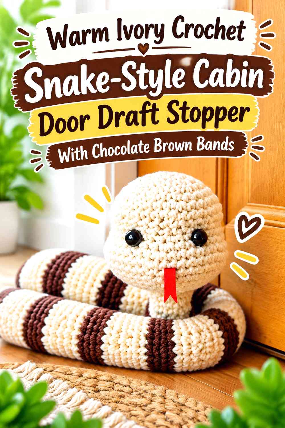 Warm Ivory Crochet Snake-Style Cabin Door Draft Stopper With Chocolate Brown Bands