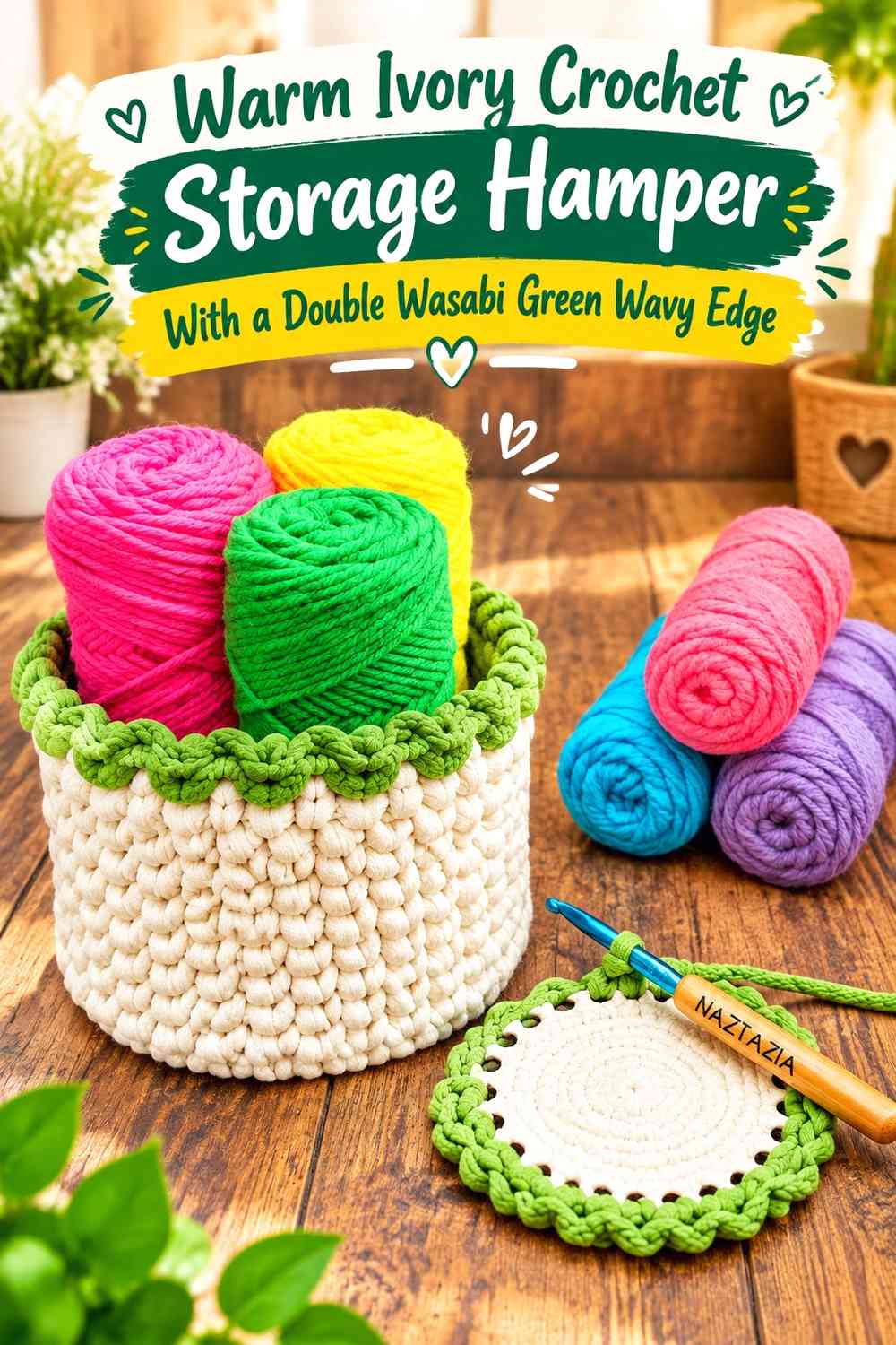 Warm Ivory Crochet Storage Hamper With a Double Wasabi Green Wavy Edge