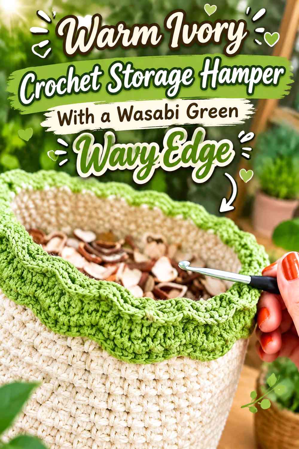 Warm Ivory Crochet Storage Hamper With a Wasabi Green Wavy Edge