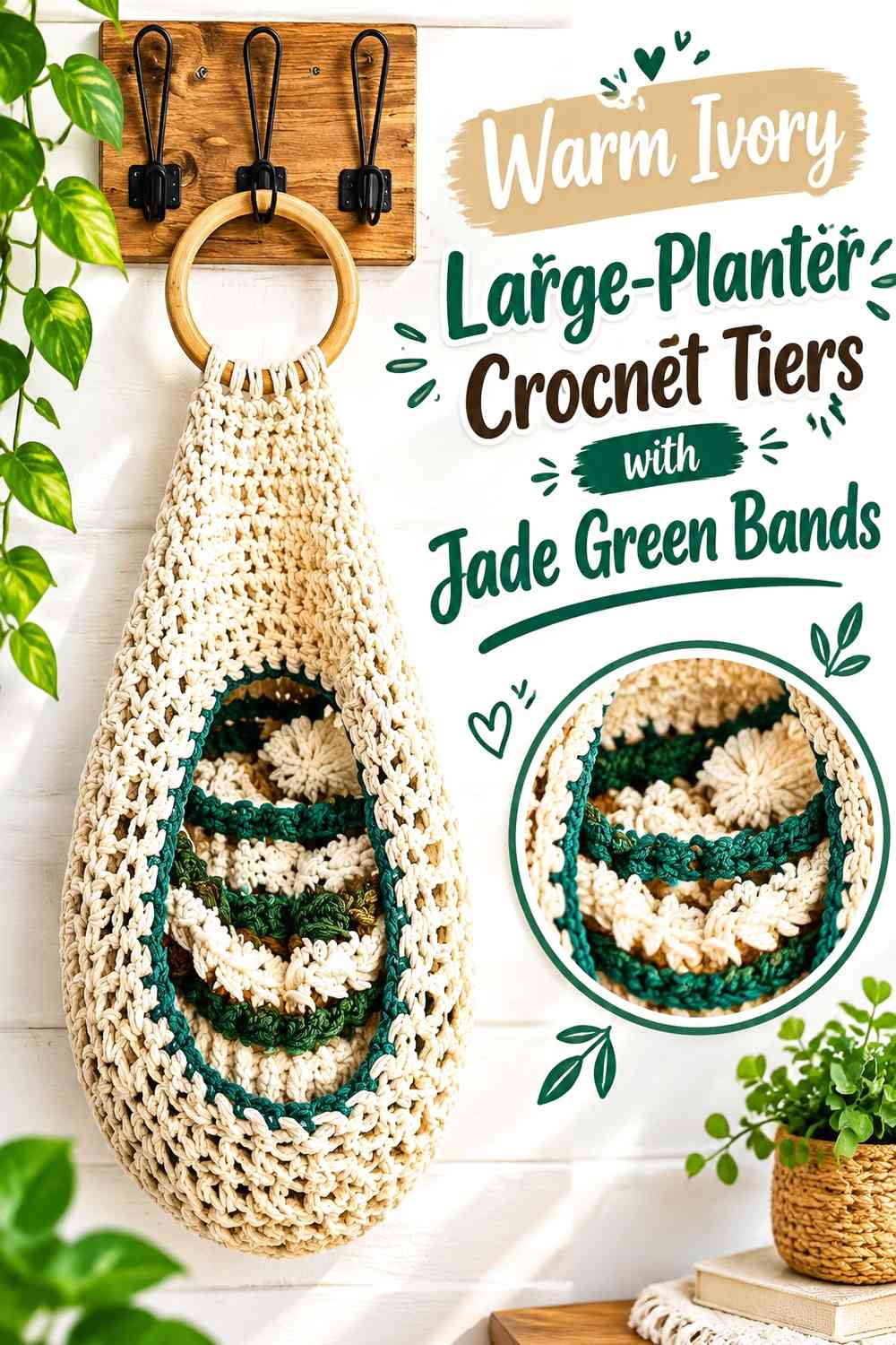 Warm Ivory Large-Planter Crochet Tiers with Jade Green Bands