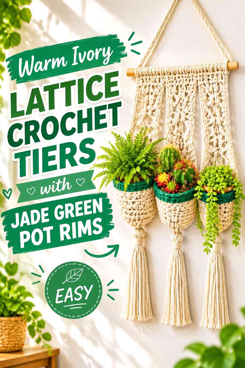 Warm Ivory Lattice Crochet Tiers with Jade Green Pot Rims