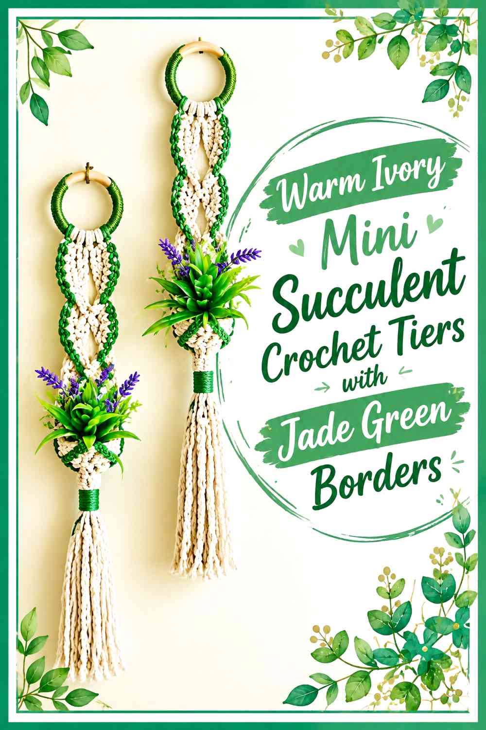 Warm Ivory Mini Succulent Crochet Tiers with Jade Green Borders