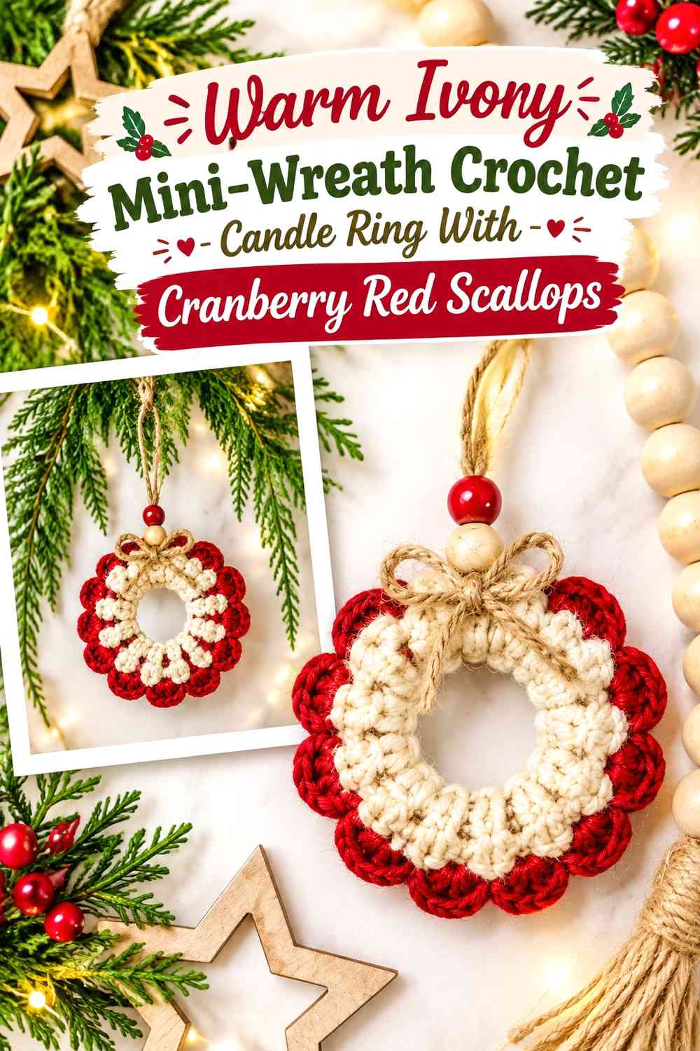 Warm Ivory Mini-Wreath Crochet Candle Ring With Cranberry Red Scallops
