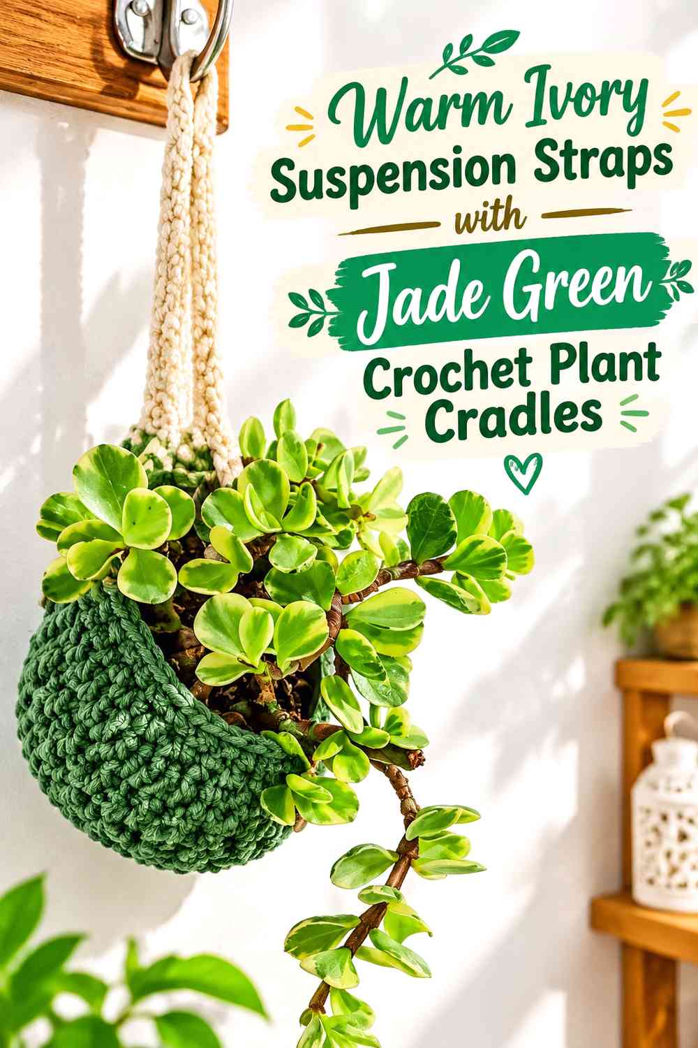 Warm Ivory Suspension Straps with Jade Green Crochet Plant Cradles