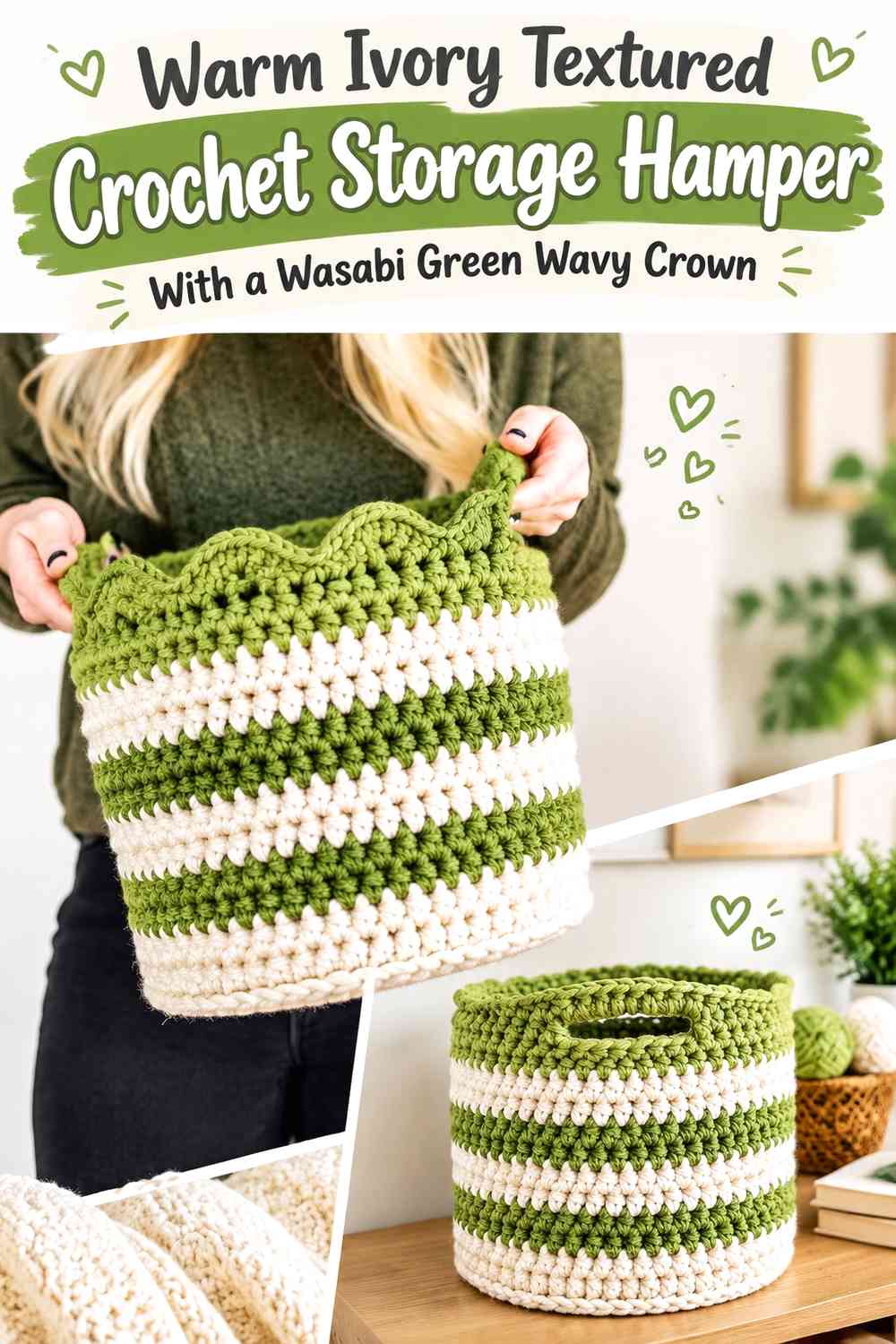 Warm Ivory Textured Crochet Storage Hamper With a Wasabi Green Wavy Crown